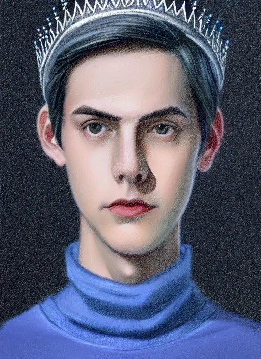 Image similar to portrait of teenage jughead jones wearing a light grey crown, crown, blue turtleneck, 1 9 5 0 s, closed eyes, photorealistic, black hair, glowing lighting, intricate, elegant, glowing lights, highly detailed, digital painting, artstation, concept art, smooth, sharp focus, illustration, art by wlop, mars ravelo and greg rutkowski