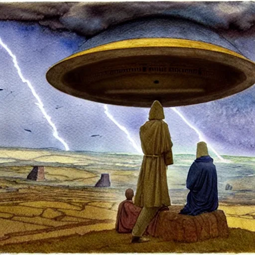 Image similar to a hyperrealist watercolor concept art of a giant ufo in the sky above gobekli tepe during a thunderstorm. a medieval monk in grey robes is in the foreground. very muted colors, by rebecca guay, michael kaluta, charles vess. high detail, hq, wide shot, 4 k