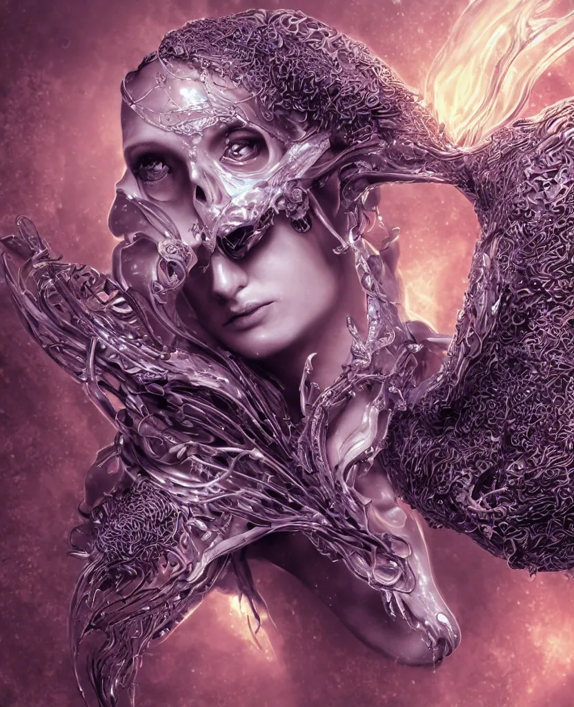 Prompt: close-up macro portrait of the face of a beautiful princess with animal skull mask, epic angle and pose, symmetrical artwork, 3d with depth of field, blurred background, cybernetic jellyfish female face skull phoenix bird, translucent, nautilus, energy flows of water and fire. a highly detailed epic cinematic concept art CG render. made in Maya, Blender and Photoshop, octane render, excellent composition, cinematic dystopian brutalist atmosphere, dynamic dramatic cinematic lighting, aesthetic, very inspirational, arthouse. y Greg Rutkowski, Ilya Kuvshinov, WLOP, Stanley Artgerm Lau, Ruan Jia and Fenghua Zhong