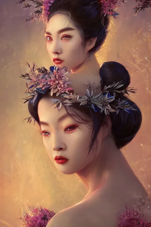 Prompt: stunningly beautiful, frost geisha prima ballerina in jungle, symmetrical face, golden hour, smooth, focus, highly detailed, hyper realistic, dramatic lighting, elegant, intricate, concept art, art by wlop, mars ravelo, greg rutowski, artstation