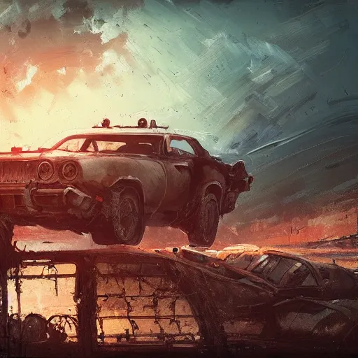 Image similar to post apocalyptic wasteland, mad max, smooth, dreary, oil painting, beautifully detailed, trending on artstation, by alena aenami