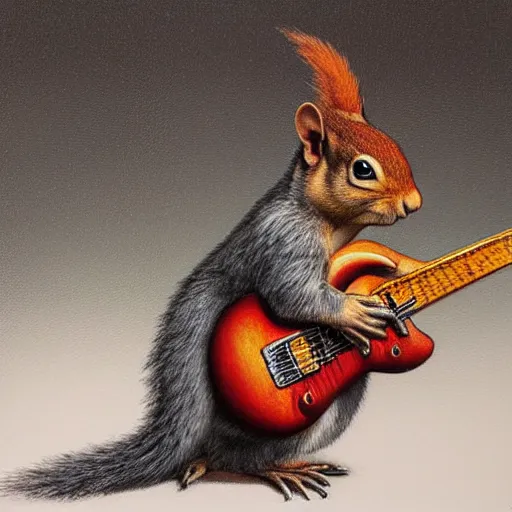 Image similar to a dnd character, a squirrel playing electric guitar, by Alex horley