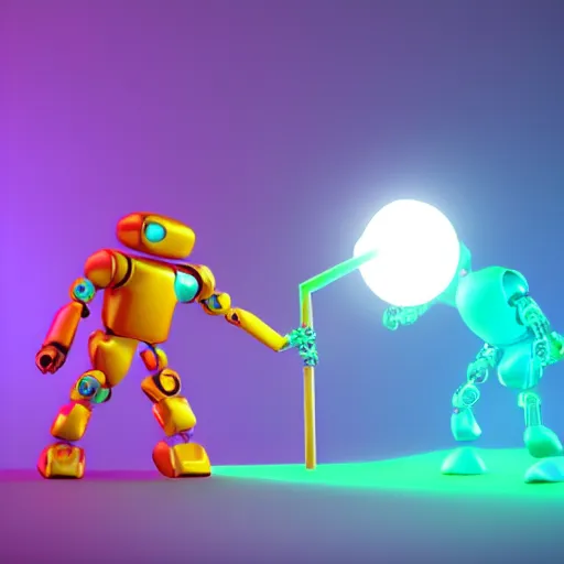 Image similar to a photorealistic 3 d render made in blender of a colourful friendly robot being poked by a man with a stick. background is a purple gradient