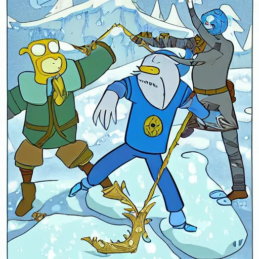 Image similar to finn and jake fighting the ice king in adventure time, symmetrical, full body image, accurate image, highly ornate intricate details, very sharp photo,