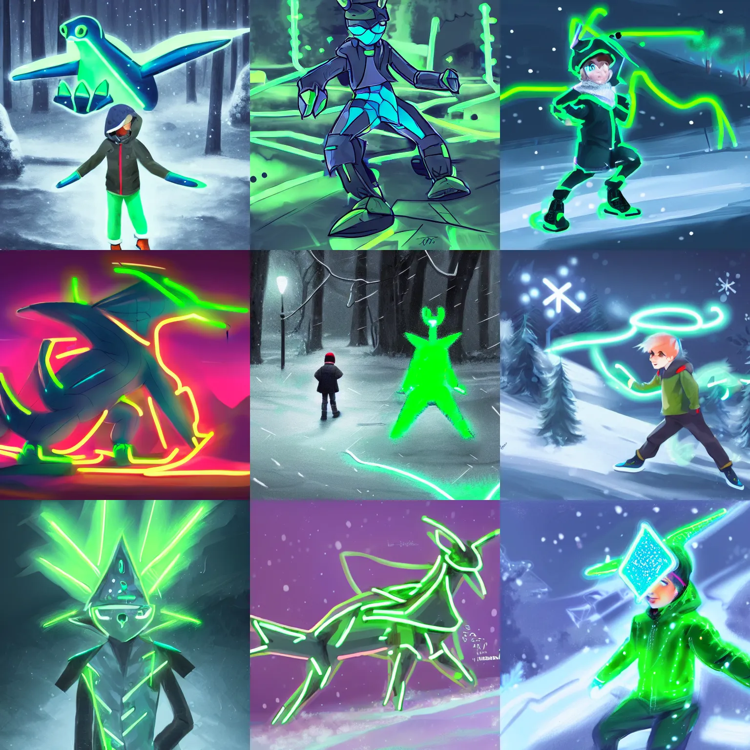 Prompt: a boy in winter clothing, trying to catch neon green shiny - dialga, concept art, digital art, detailed, 8 k hd