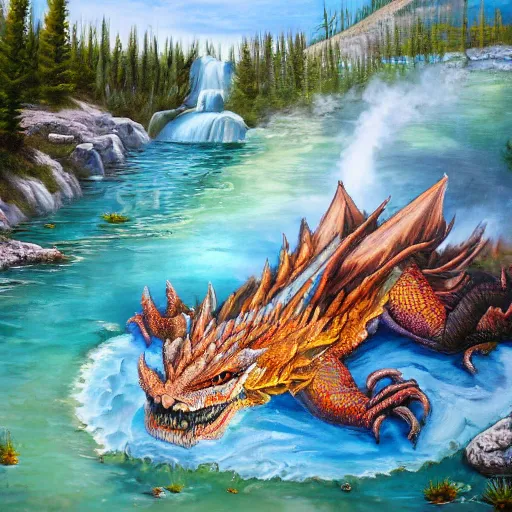 Image similar to highly detailed oil painting of a dragon resting in a colorful hotspring at yellowstone national park, featured on artstation