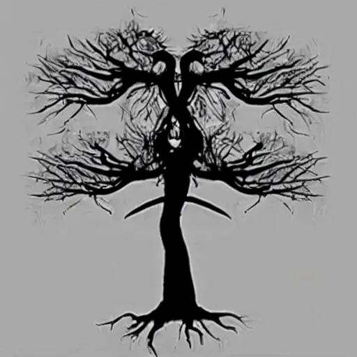 Prompt: black metal band logo, unreadable text, metal font, looks like a tree silhouette, complex, horizontal