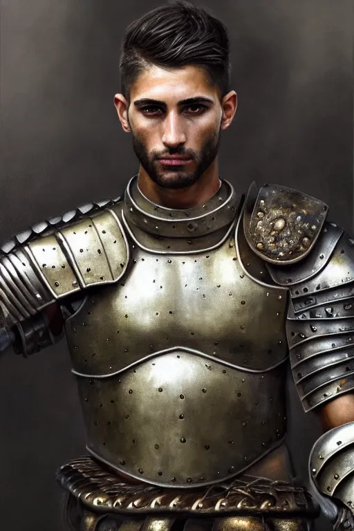 Prompt: a photorealistically painted portrait of a rugged young man, partially clothed in metal-plated battle armor, with an abstractly painted background, flawless olive skin, fair complexion, long dark hair, beautiful bone structure, perfectly symmetric facial features, perfect photorealistic eyes, natural physique, intricate, elegant, digital painting, concept art, finely detailed, beautifully illustrated, sharp focus, minimal artifacts, volumetric lighting, from DOOM and Halo, by Ruan Jia and Mandy Jurgens and Artgerm and William-Adolphe Bouguerea, in the style of Greg Rutkowski, trending on Artstation, award winning art