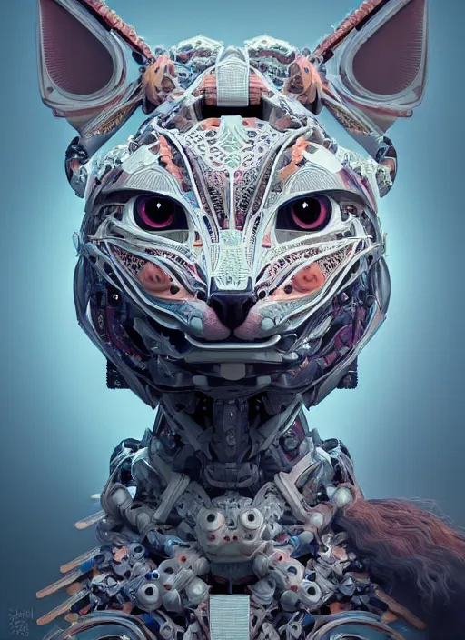 Image similar to symmetry!! portrait of a hybrid robot cat, floral! horizon zero dawn machine, intricate, elegant, highly detailed, ray tracing, digital painting, artstation, concept art, smooth, sharp focus, illustration, art by artgerm and greg rutkowski and alphonse mucha, 8 k