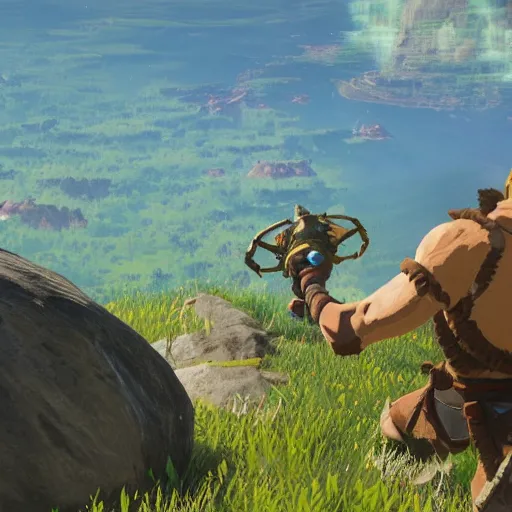 Prompt: dwayne the rock johnson as zelda breath of the wild character screenshot from zelda breath of the wild game