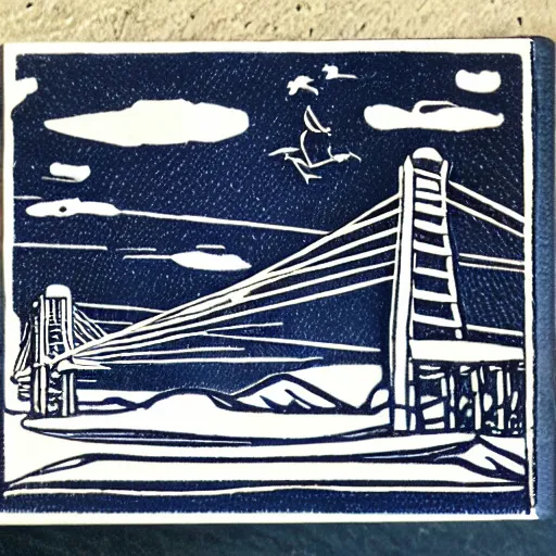Prompt: small steel suspension bridge built in 1 9 2 8, side view, puffy clouds in background, dooby is flying in the sky, woodcut style, rubber stamp, 8 k