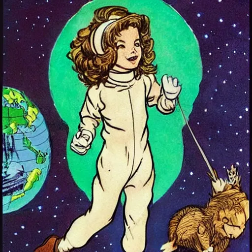 Prompt: a cute little girl with a mischievous face and short brown wavy curly hair. she is dressed as an astronaut. well composed, clean elegant painting, beautiful detailed face. comic book art by steve ditko and jack kirby and ( arthur rackham )