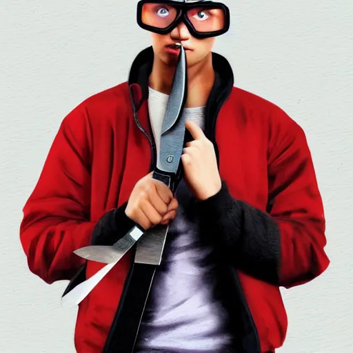 Prompt: a blonde teenager, goggles, red jacket, knife in his mouth, knife in his right hand and a knife in his left hand, photorealistic, hd, high details