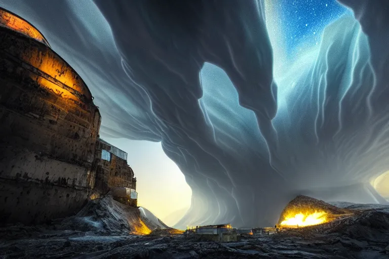 Prompt: favela spaceship cave tornado, snowy arctic environment, industrial factory, cliffs, peaks, bright, milky way, award winning art, epic dreamlike fantasy landscape, ultra realistic,