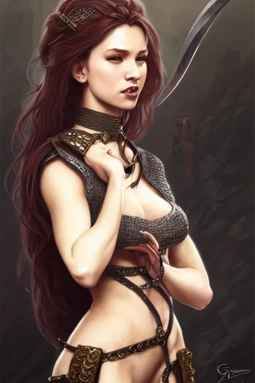 Image similar to Portrait of seductive female fighter, D&D, revealing stylish dress like chainmail, choker on neck, very long flowing hair, mouth slightly open, cute slightly nerdy smile, fantasy, intricate, elegant, stylish, highly detailed, digital painting, artstation, concept art, smooth, sharp focus, illustration, art by artgerm and greg rutkowski and alphonse mucha