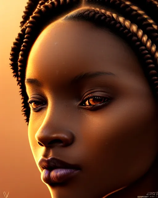 Prompt: african woman with brown eyes, beautiful girl, close up portrait, moonlight, highkey, braids, realistic, serov, surikov, vasnetsov, repin, kramskoi, paint texture, low aperature, insanely detailed, charlie bowater, tom bagshaw, octane rendered, unreal engine, illustration, trending on artstation, masterpiece