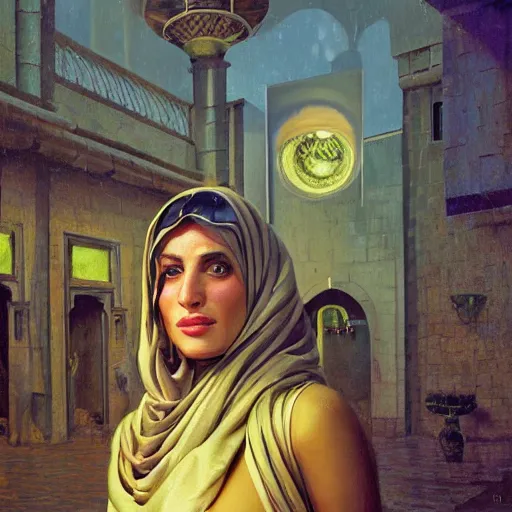 Image similar to detailed face of an arabic woman, opulent courtyard, moment, tectonic sky, skydome, reactor, utopian, tech noir, wet reflections, prism, atmospheric, ambient, pj crook, syd mead, livia prima, artgerm, greg rutkowski, nick alm, casey baugh