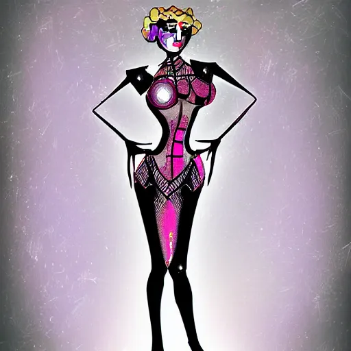 Image similar to a feminine cyborg designed to look like a moth in a cabaret style dress, digital art,