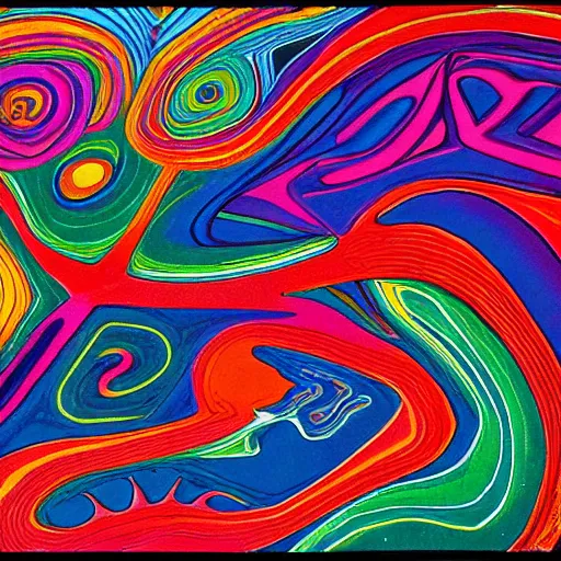 Prompt: Land art. a brightly colored, abstract scene. It appears to show a group of people or animals in a joyful embrace, with swirls of color and patterns around them. Tumblr, Ancient Greek by Larry Elmore uneven