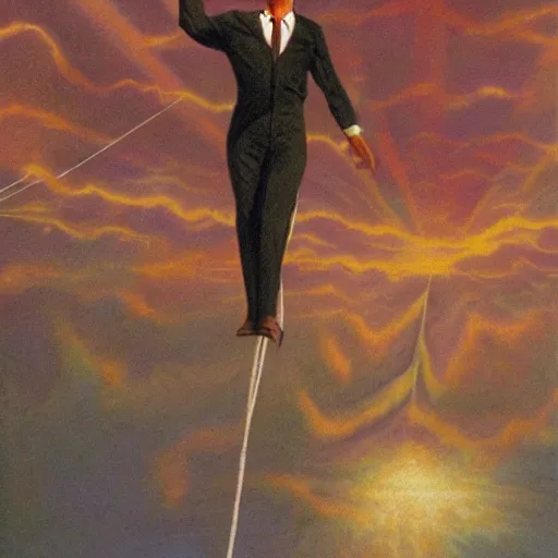 Prompt: Artwork of a tightrope walker going through tropospheric clouds that are pierced by skyscrappers, by John Philip Falter.