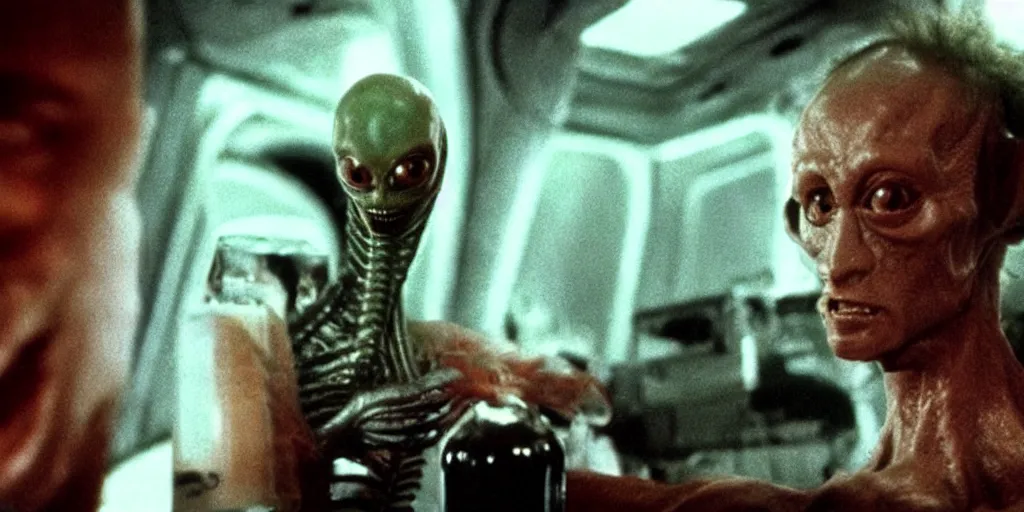 Prompt: alien from movie alien 1 9 7 9 staying with bottle of vodka in russian village. cinematic colors, high detail