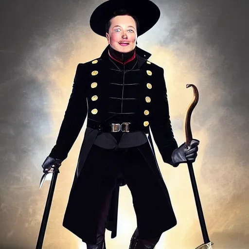 Image similar to full body photo of elon musk in the shape of a musketeer, he has a big black hat and holds a shiny sword