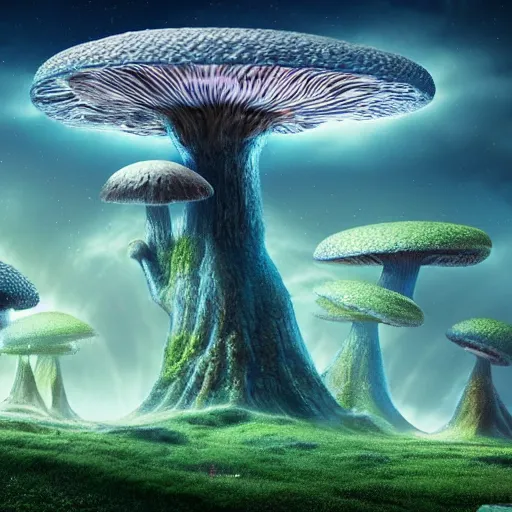 Image similar to mushrooms, archipelago, alien world, nebula, ocean, storm, crystal mountains, sculptural trees, vast dragon trees, banyans, transparent domes, stars, fog, trending on artstation, by pixar, cg render, roger dean, pascal blanche,