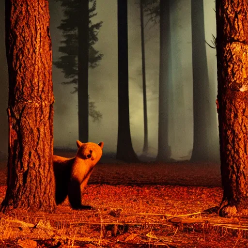 Image similar to lone bear in a forest on fire, dramatic lighting, night, realistic,