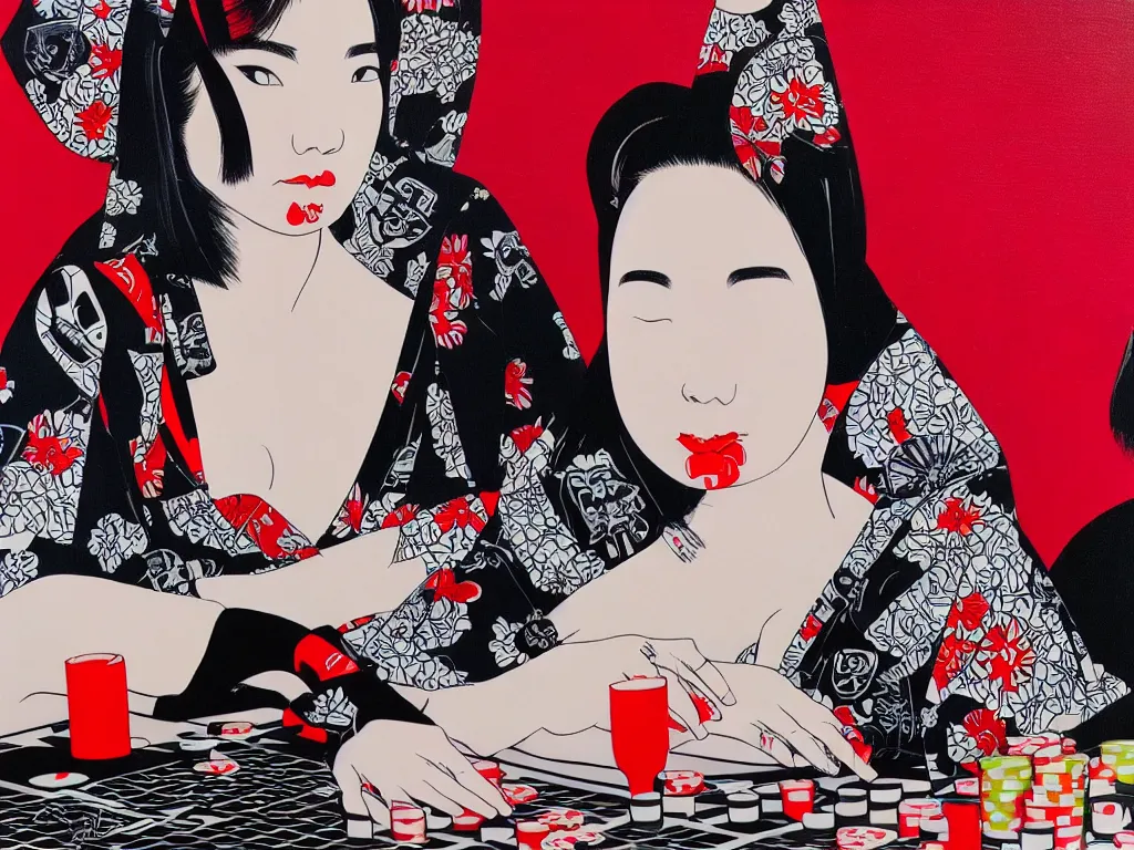 Image similar to hyperrealism composition of the detailed woman in a japanese kimono sitting at an extremely detailed poker table with darth vader, terminator, fireworks on the background, pop - art style, jacky tsai style, andy warhol style, acrylic on canvas