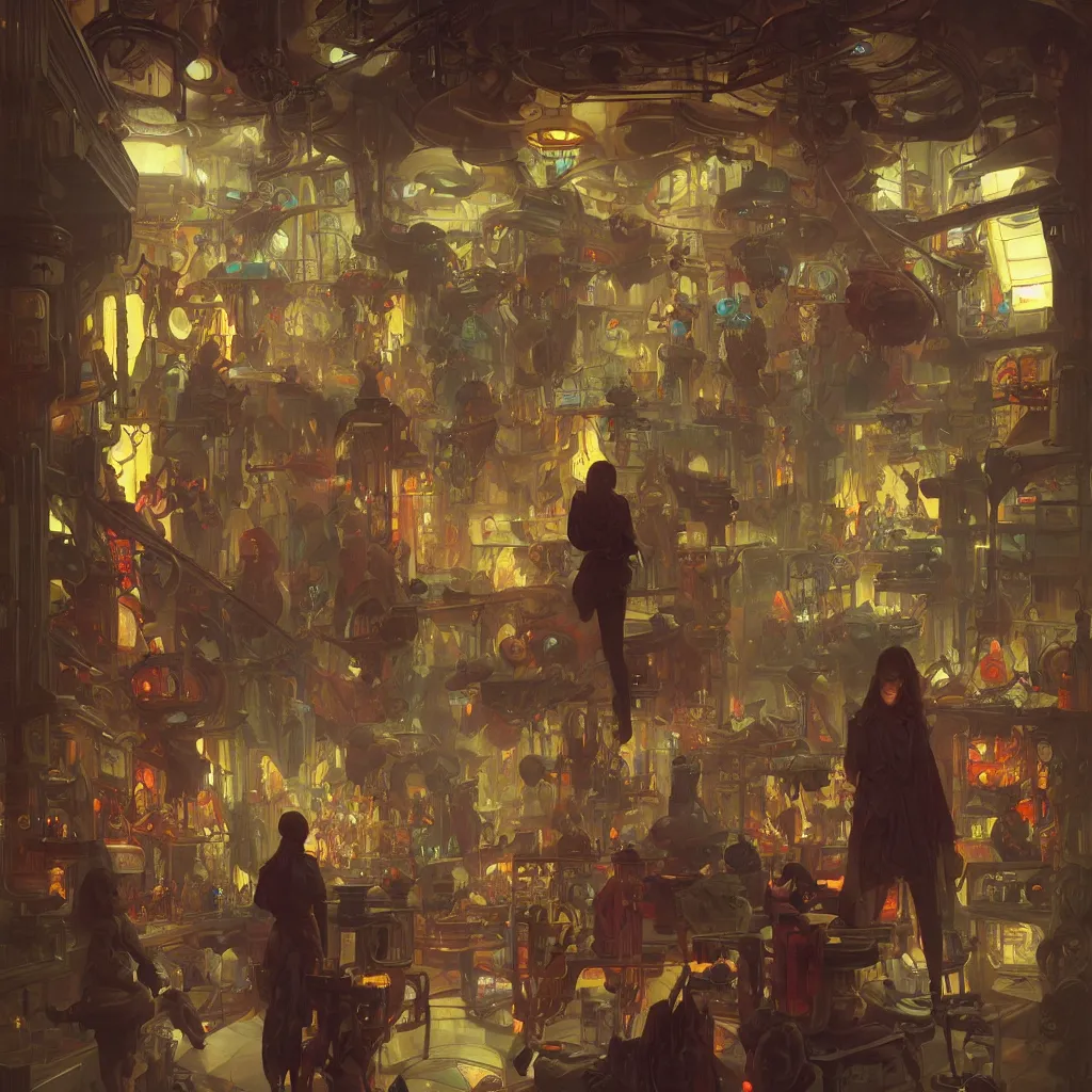 Image similar to ! dream inside a dimly lit futuristic toystore. highly detailed, digital painting, artstation, concept art, matte, sharp focus, illustration, art by artgerm and greg rutkowski and alphonse mucha