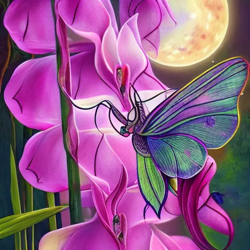 Prompt: painting of a luna moth surrounded by orchids, moonlight, intricate, highly detailed, illustration, soft, sharp focus, digital art, trending on artstation