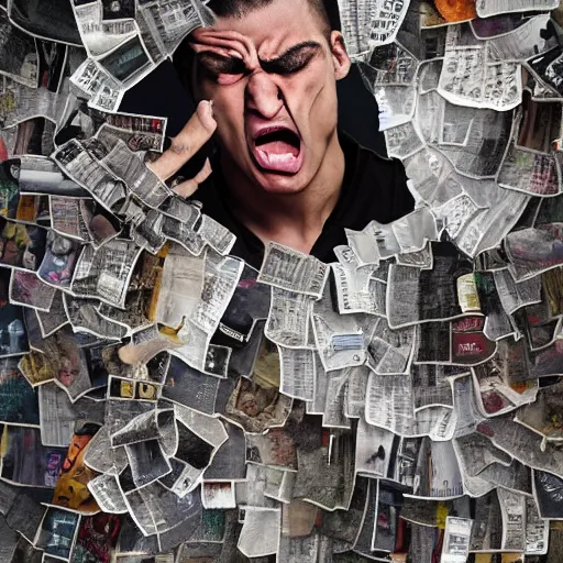 Image similar to a professional collage made of ripped magazines of a young angry man furious crying, high definition, highly detailed, photo-realistic, unreal engine render, 16k