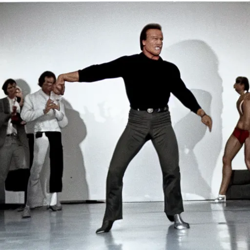 Image similar to schwarzenegger dancing in solid gold tv show 1 9 8 0