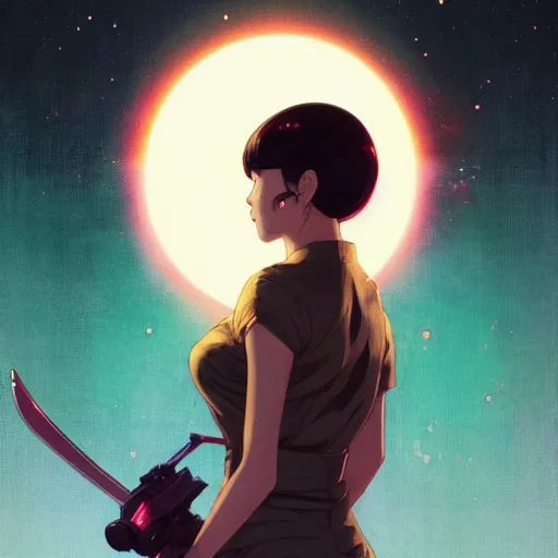 Prompt: A Beautiful young woman , holding a sword in the cosmos || VERY ANIME, fine-face, realistic shaded perfect face, fine details. Anime. realistic shaded lighting poster by Ilya Kuvshinov katsuhiro otomo ghost-in-the-shell, magali villeneuve, artgerm, Jeremy Lipkin and Michael Garmash, Rob Rey and Kentarõ Miura style, trending on art station