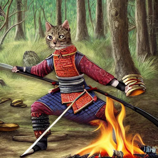 Image similar to samurai anthropomorphic cat sharpening a sword near a fire in the woods, photorealistic, intricate, highly detailed, smooth, sharp focus, digital painting,