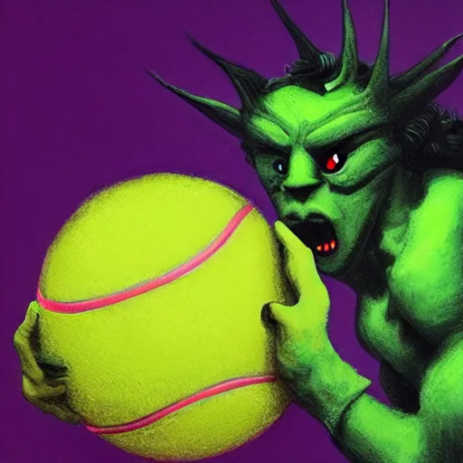 Image similar to a tennis ball monster, tennis ball, dark, chalky, zeus,thor, digital art, fantasy, magic, trending on artstation, ultra detailed, professional illustration by Basil Gogos