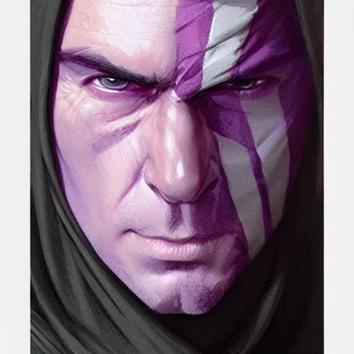 Image similar to ultra realistic illustration, man in a black hood, in a striped purple balaclava, mysterious, highly detailed, digital painting, artstation, concept art, smooth, sharp focus, illustration, art by artgerm and greg rutkowski and alphonse mucha