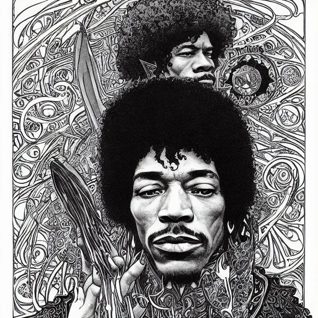 Prompt: artwork by Franklin Booth and Alphonse Mucha showing a portrait of Jimi Hendrix as a futuristic space shaman, Jimi Hendrix as a futuristic space shaman by Moebius