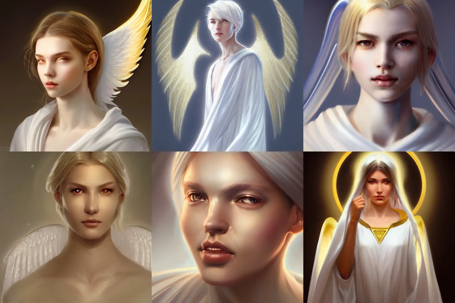 Prompt: Closeup portrait of a glowing genderless angel, white light halo, white and gold robes, peaceful expression, by Artgerm, by Albert Edelfelt, matte painting, trending on Artstation