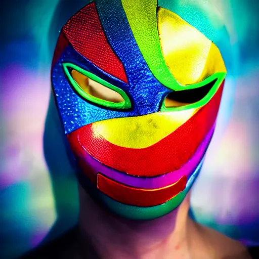 Image similar to a detailed portrait photo of a rainbow themed super hero, super hero costume, super hero mask, cinematic shot