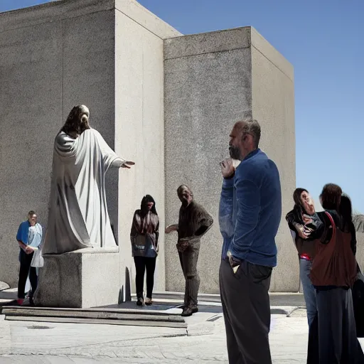 Prompt: religious debate between people in front of concrete statue of Christ