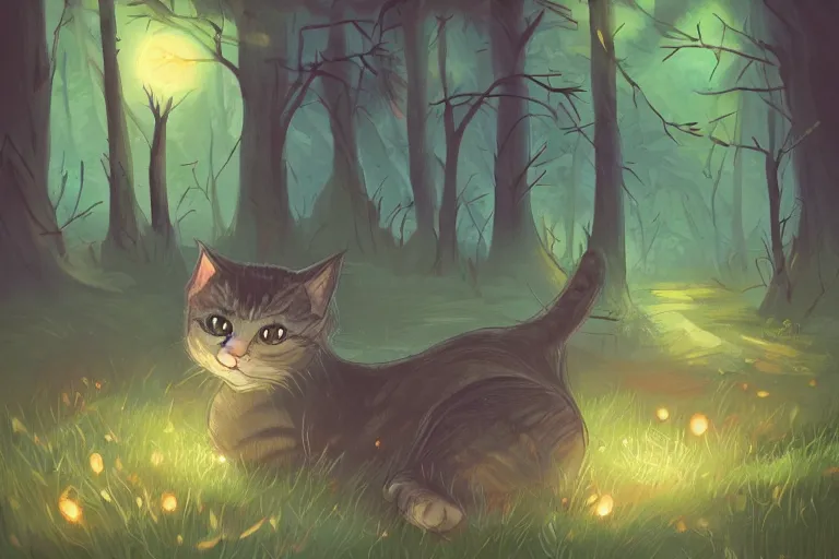 Prompt: a cat in a forest at night with fireflies, backlighting, trending on artstation, furry art, by kawacy, night lighting, digital art