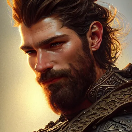 Image similar to portrait of a ruggedly handsome paladin, soft hair, muscular, half body, leather, hairy, d & d, fantasy, intricate, elegant, highly detailed, digital painting, artstation, concept art, smooth, sharp focus, illustration, art by artgerm and greg rutkowski and alphonse mucha