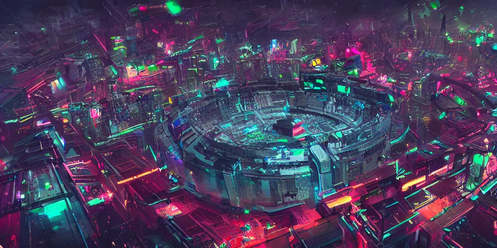 Prompt: Cyberpunk coloseum, birds eye view, rgb lights, futuristic, scifi, advanced technology, neon, high quality, trending on artstation, high detail, by Gabriel Björk Stiernström