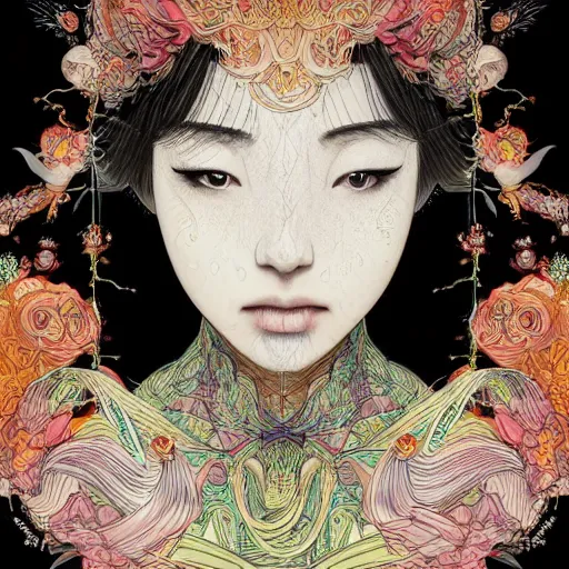 Image similar to the face of an incredibly beautiful, graceful, elegant, and sophisticated young japanese woman dressed as a bulb of garlic, an ultrafine detailed illustration by james jean, intricate linework, bright colors, final fantasy, behance contest winner, vanitas, angular, altermodern, unreal engine 5 highly rendered, global illumination, radiant light, detailed and intricate environment