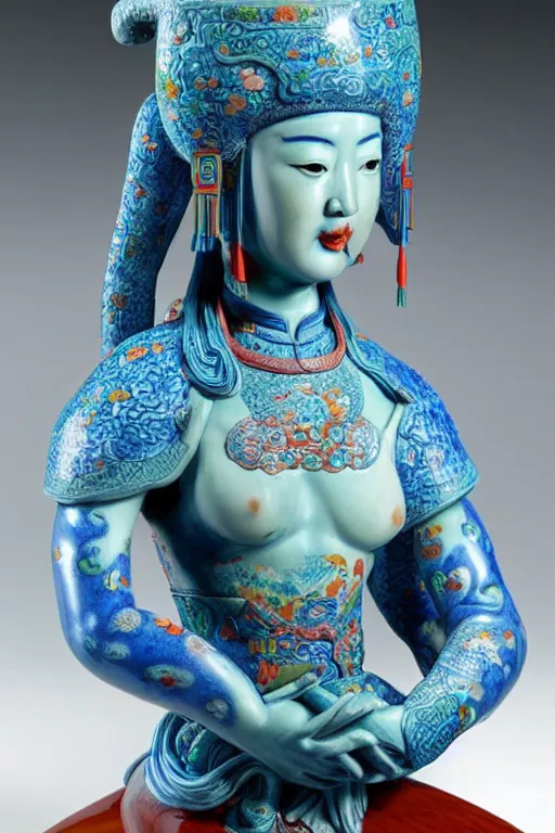 Image similar to an polished texturized sculpture of Curupira in vivid colored chinese porcelain by kris kuksi