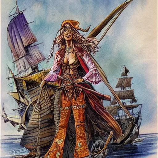 Prompt: full body concept art of a female pirate by Patrick Woodroffe