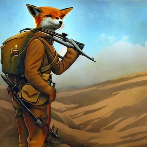 Image similar to 8k UHD, painting in the style of WW1 propaganda, trending on artstation: (subject = anthropomorphic fox soldier resting in a trench + subject detail = fox head, anthropomorphic, high detail, high texture detail)