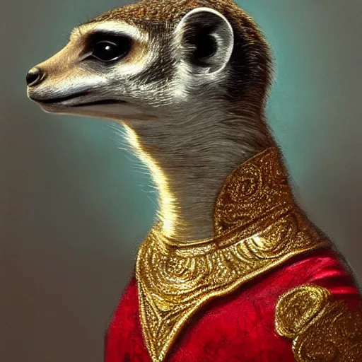 Prompt: detailed photorealistic painting of a meerkat wearing a highly detailed ornamented gold crown with diamonds, in a medieval knight armor with red cape , sharp focus in the style of ruan jia, Mandy jurgens, cinematic light, concept art, trending on artstation, ultra realistic