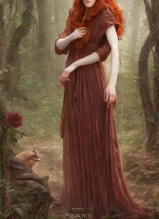 Prompt: portrait Rose Leslie as fox in the forest, full length shot, shining, 8k highly detailed, sharp focus, illustration, art by artgerm, mucha, bouguereau